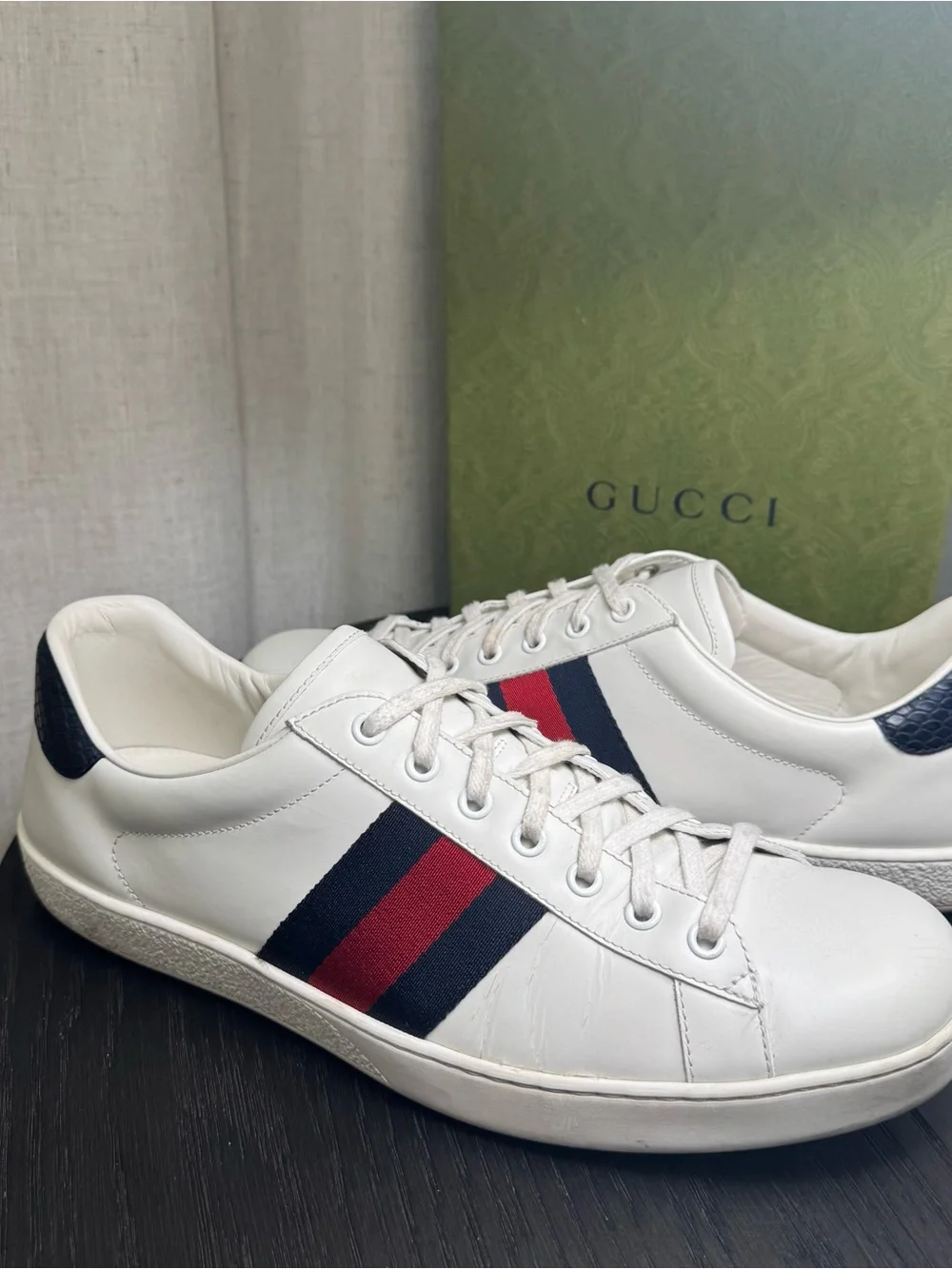 Gucci Ace Web Stripe Classic Leather Sneakers White 10.5